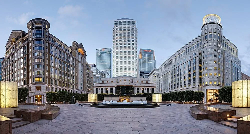 Cabot Square, Canary Wharf, with bank headquarters buildings